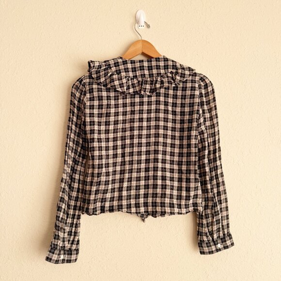Doen Joelle Navy Counrty Side Plaid Checked Ruffle Collar Button Down Top Size S - Picture 7 of 7